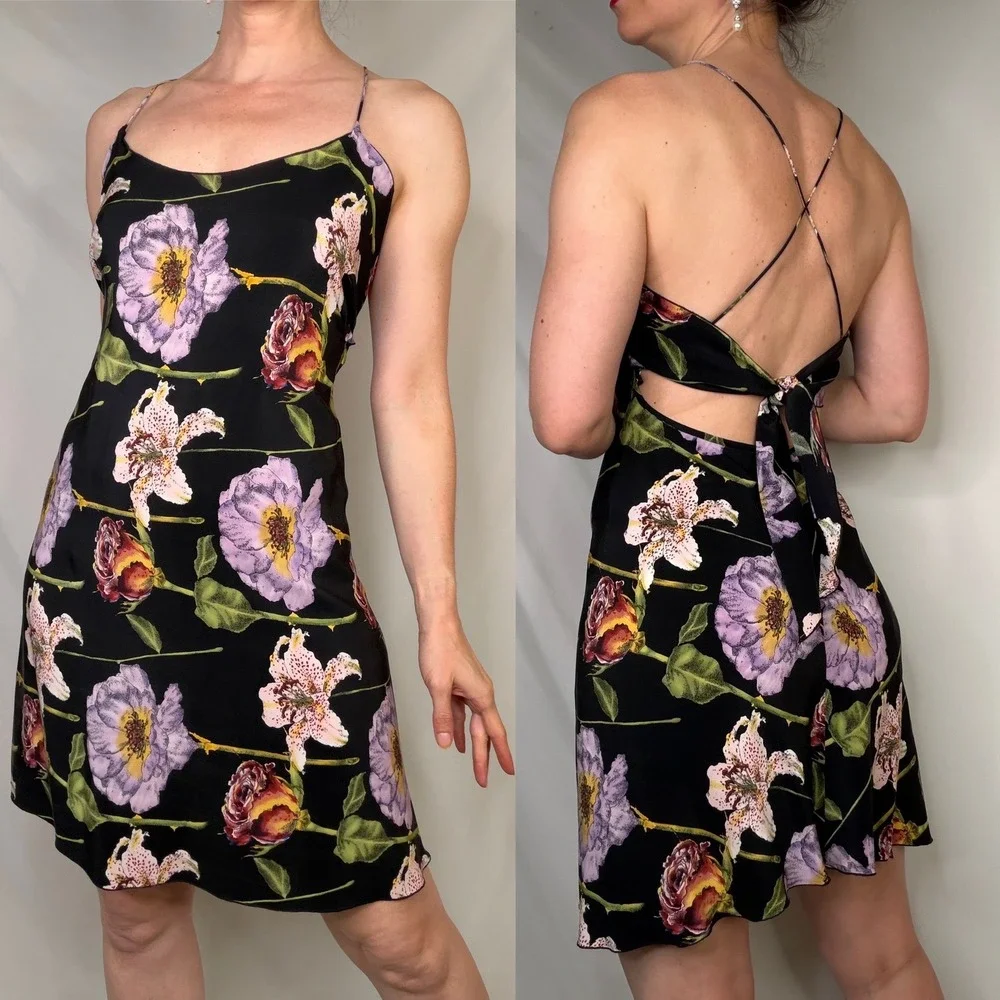 Nicole Miller Silk Floral Slip Dress Black Y2K Vintage Open Tie Back Small 4